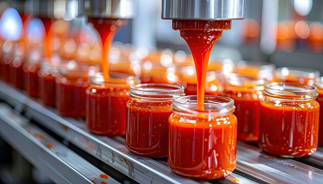 Close-up of automated food production line filling jars with vibrant red sauce