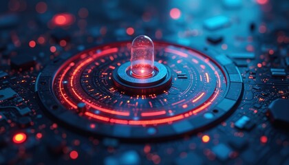 Digital futuristic chip with glowing neon lights represents advanced tech or science innovation. Circuit board design with central glass orb, glowing red and blue.