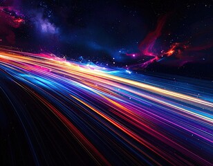 Digital art featuring a vibrant light trail sweeping across a starry night sky