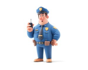 Cartoon Police Officer with Radio Standing in Uniform and Smile