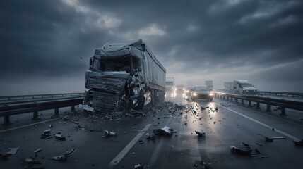 Fototapeta premium Severe Truck Collision on Wet Highway with Traffic Disruption