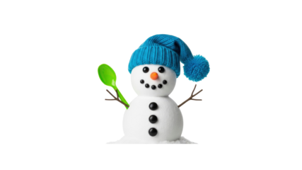 Snowman with blue hat and green spoon