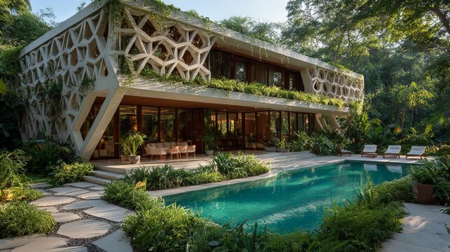 Tropical resort swimming pool surrounded by lush garden and wooden gazebo
