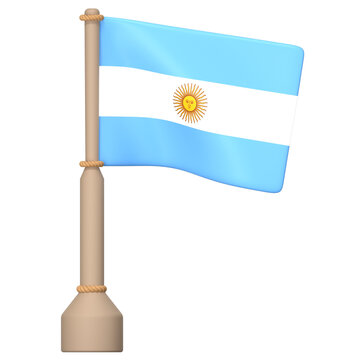 The Argentina flag on a wooden pole with a rope 3D Icon Illustration. Low Poly Style.