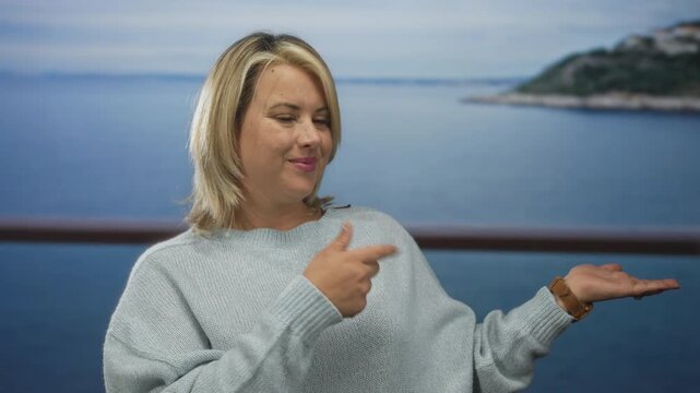 Young blonde woman wearing a sweater shows thumbsup gesture on street by the seaside under clear sky; approval encouragement support confidence.