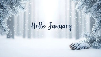 Snowy forest scene with 'Hello January' text in elegant script