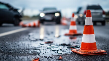 Traffic Accident Scene with Warning Cones on Wet Urban Road