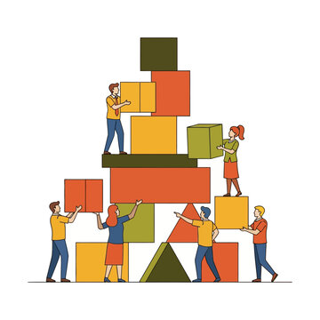 A team of professional workers is architecturally stacking solid geometric building blocks to construct a stable business foundation in this pure flat 2D vector illustration.
