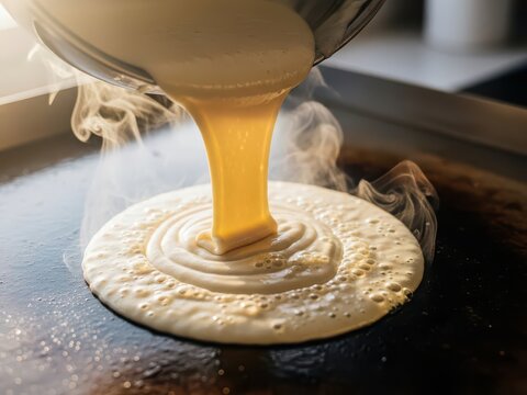 Dosa batter being poured onto a hot griddle