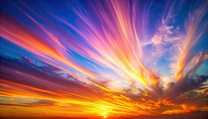 Vivid sky showcases streak-like clouds painted in hues of orange, purple, and blue near the sun