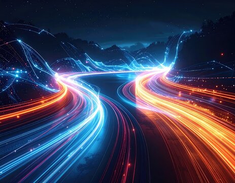Neon glowing ribbons depicting a digital highway through a mountainous landscape at night - Powered by Adobe