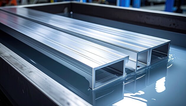 Long, metallic, U-shaped beams submerged in a liquid in an industrial setting