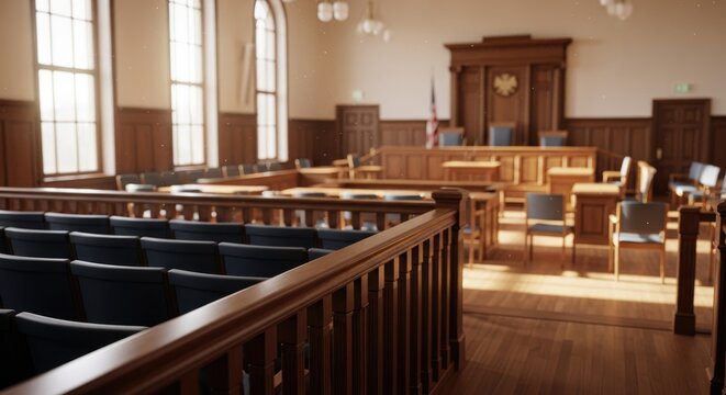 Empty courtroom with wooden interior and blue seating areas