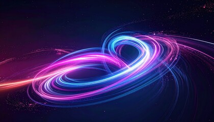 Glowing light trails twist and swirl in a dark space, radiating vibrant colors
