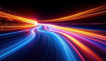 Dynamic, abstract visual of streaks of colorful light trails against a black background