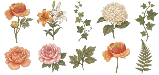 Autumn Wedding Floral Clipart, Hand Drawn Fall Flowers sublimation, Rustic Rose & Dahlia Invitation Art