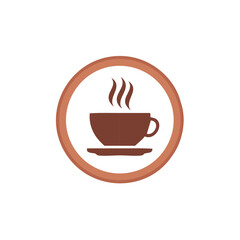 Coffee cup icon with steaming beverage in brown circle for logo or app design
