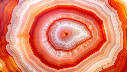 Close-up of a cut stone, revealing concentric bands of vibrant orange, red, and white hues
