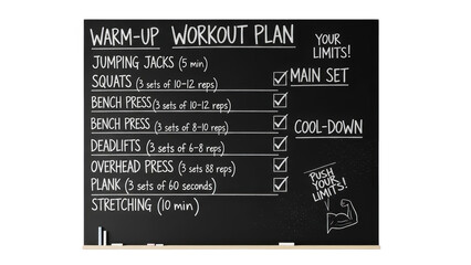 Chalkboard workout plan with exercises and checkmarks fitness training