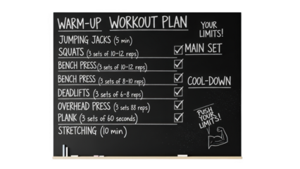 Chalkboard workout plan with exercises and checkmarks fitness training