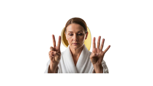 Woman in robe holds up six fingers
