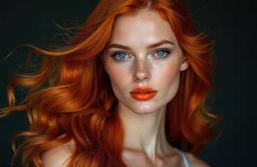 Fototapeta premium Studio portrait of striking redhead woman with flowing wavy hair, bold orange lips. Blue eyes, subtle freckles enhance her natural beauty. Elegant makeup, golden necklace complete her glamorous look.
