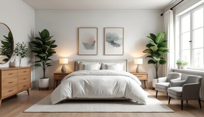 Fototapeta premium Minimalist bedroom with made bed covered in white comforter. Two chairs, wooden dresser, large plants, and framed art add comfort. Natural light streams from large window into serene room.