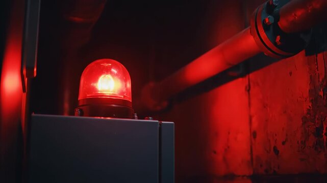 Flashing red alarm light rotating on an industrial control box. Emergency warning beacon signaling danger in a dark gritty basement. Security alert and safety concept