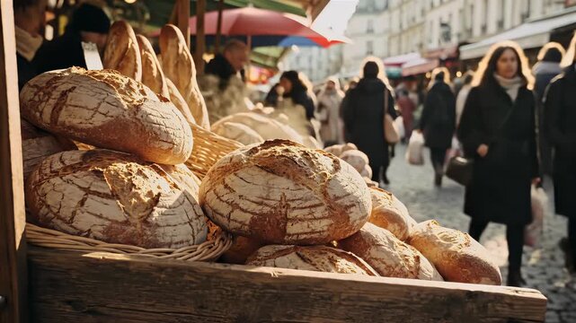 Fresh Bread at a Bustling Outdoor Market Scene.