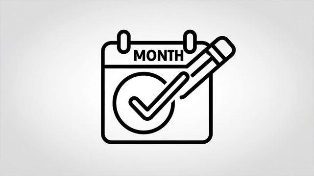 Monthly calendar with checkmark and pen icon representing scheduled task and completed appointment minimal black outline white background conveying productivity and organization minimalist calendar