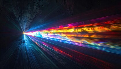 Spectacular abstract image featuring multicolored light beams emerging from a dark tunnel