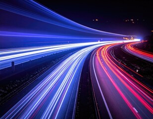 Long exposure shot capturing streaks of light from vehicle headlights on a curving highway