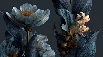 modern futuristic botanical forms with metallic textures