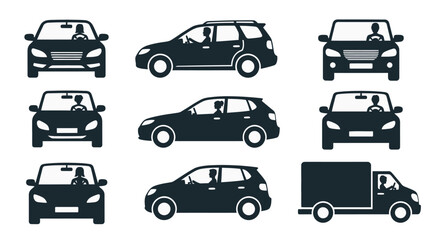 Diverse collection of vehicle silhouettes featuring cars, suvs, and a delivery van with drivers