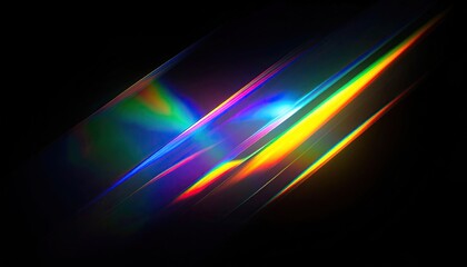 Abstract, diagonal light streaks radiating a prism of colors across a dark backdrop