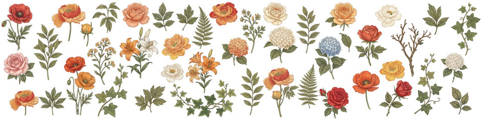 Boho Floral Clipart Bundle ,Hand-Drawn Fall Flowers PNG Elements, Roses Dahlias Lilies Hydrangeas Leaves Ferns Branches, Rustic Orange Red Gold Palette, Transparent Background