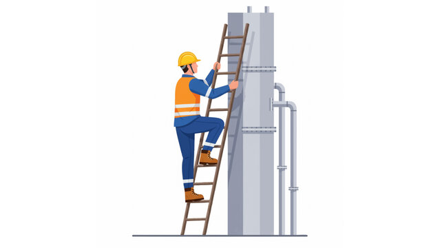 construction worker climbing ladder illustration with safety helmet, tool belt, and tall structure
