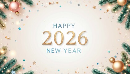 Beautiful New Year 2026 greeting card design with elegant typography, soft colors, and festive decorative elements