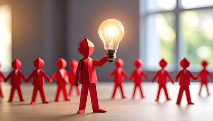 Origami figure holding a bright lightbulb, surrounded by others, conveying ideas