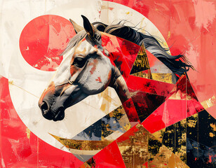 幾何学模様と金箔が彩る馬の肖像。新年の飛躍を象徴するエネルギッシュなアート。
