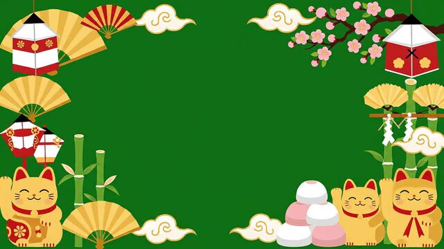 Japanese new year prosperity green screen vector illustration background frame