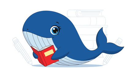 Naklejka premium Smart and cute blue whale character is reading a red book with sketched books and pencils in the background for an educational concept.