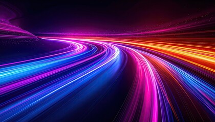 Abstract light trails of vibrant colors curve across a dark expanse