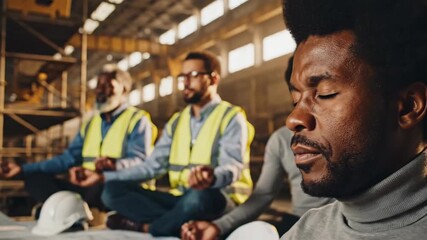 Diverse factory workers practice mindfulness and meditation amidst industrial machinery, finding inner peace to reduce workplace stress and enhance mental well-being