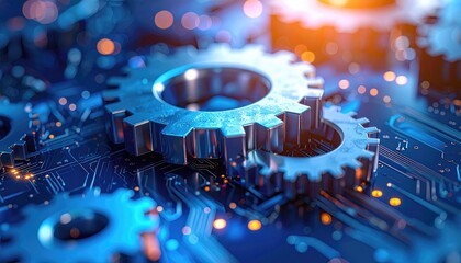 Close-up view of mechanical gears set on top of circuit board, with bokeh