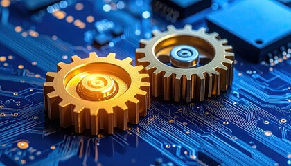 Close-up view of two golden gears overlapping on a blue circuit board background