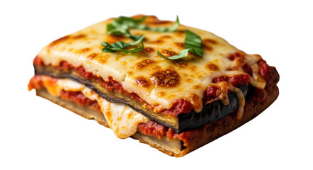 Slice of baked eggplant parmesan with melted cheese and basil garnish image