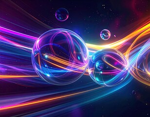 Digital art featuring glowing spheres and dynamic, multicolored light streaks against a dark background