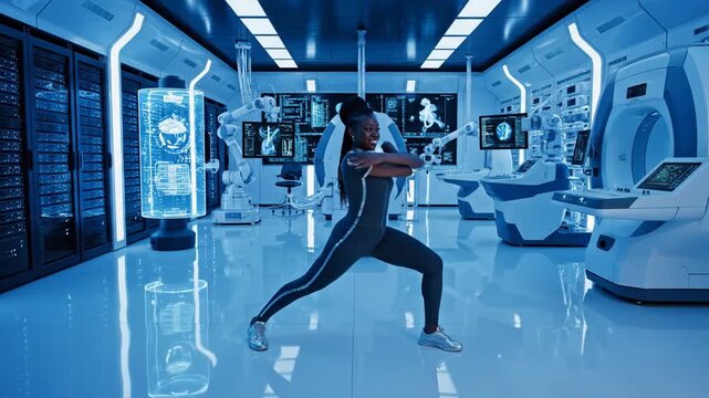 Focused female athlete in a dynamic warrior pose inside a futuristic, blue-lit science and medical research laboratory