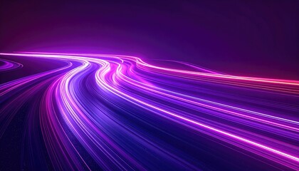 Dynamic, abstract, curved lines of light streaks against a gradient purple background